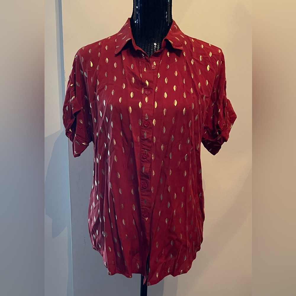 Luna Moon Rusty Red Gold Leaf Blouse Size Medium